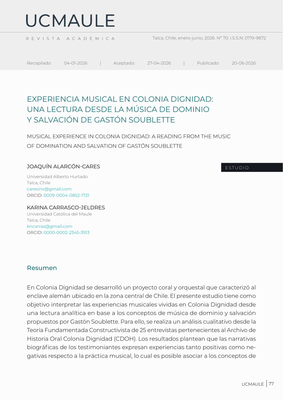 Experiencia musical en Colonia Dignidad: una lectura desde la música de dominio y salvación de Gastón Soublette